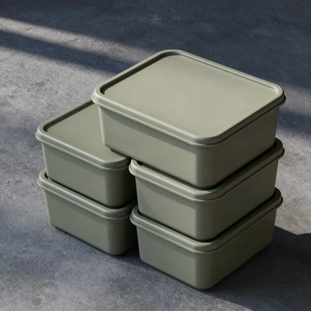 Bovenaanzicht van drie stapelbare opbergboxen met deksels op donker beton, strak uitgelijnd.
