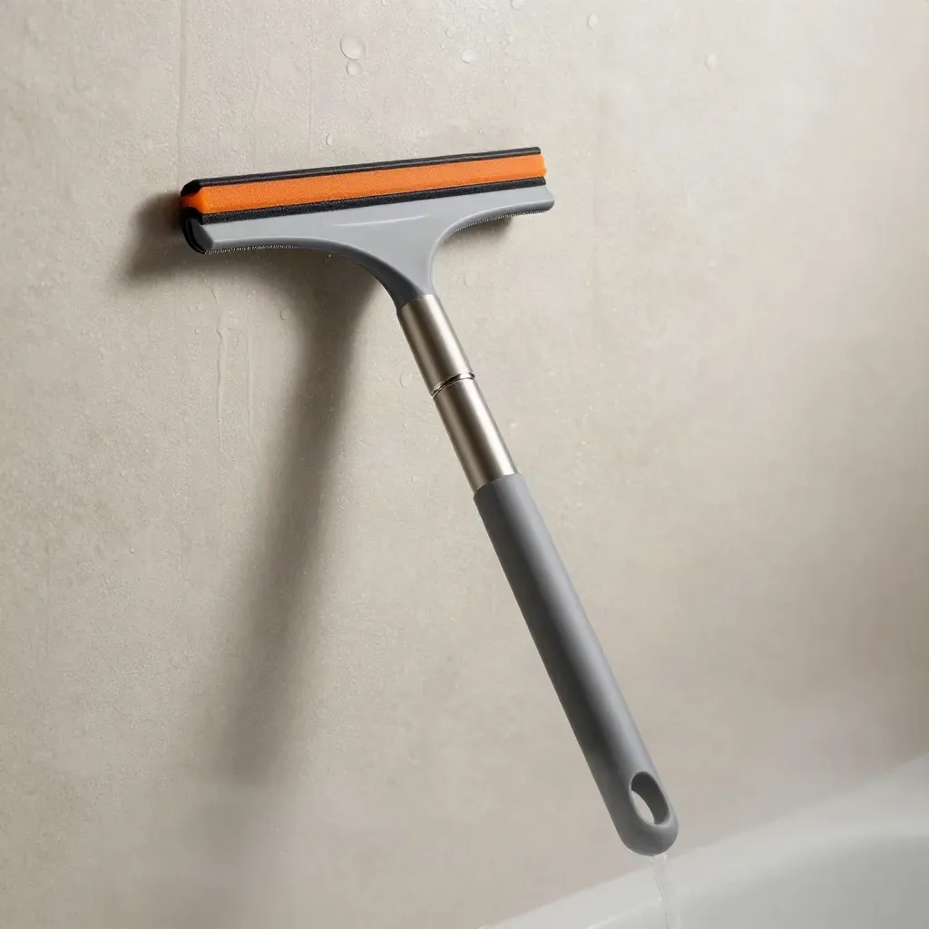 Ruitenwisser met oranje inleg naast douchewand met waterstrepen en mist.