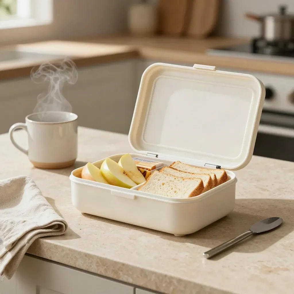 Open brooddoos met appel, boterhampunten en snackvakje op een lichte keukenondergrond.